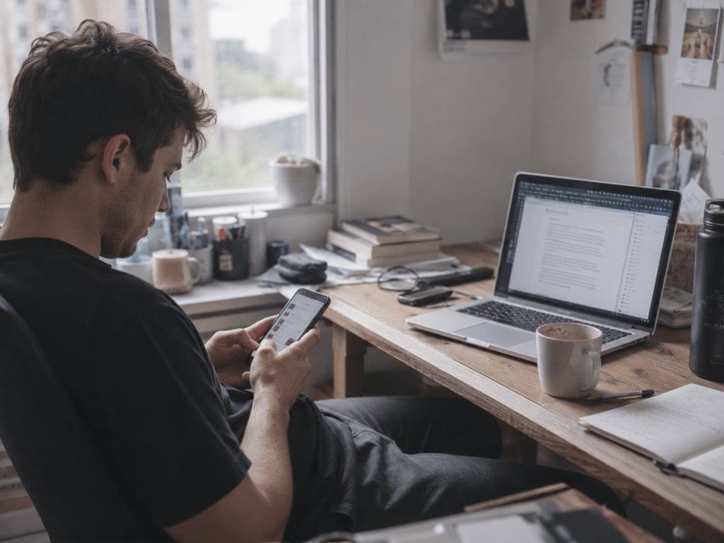Person scrolling phone instead of working, a common sign of avoidance not rest
