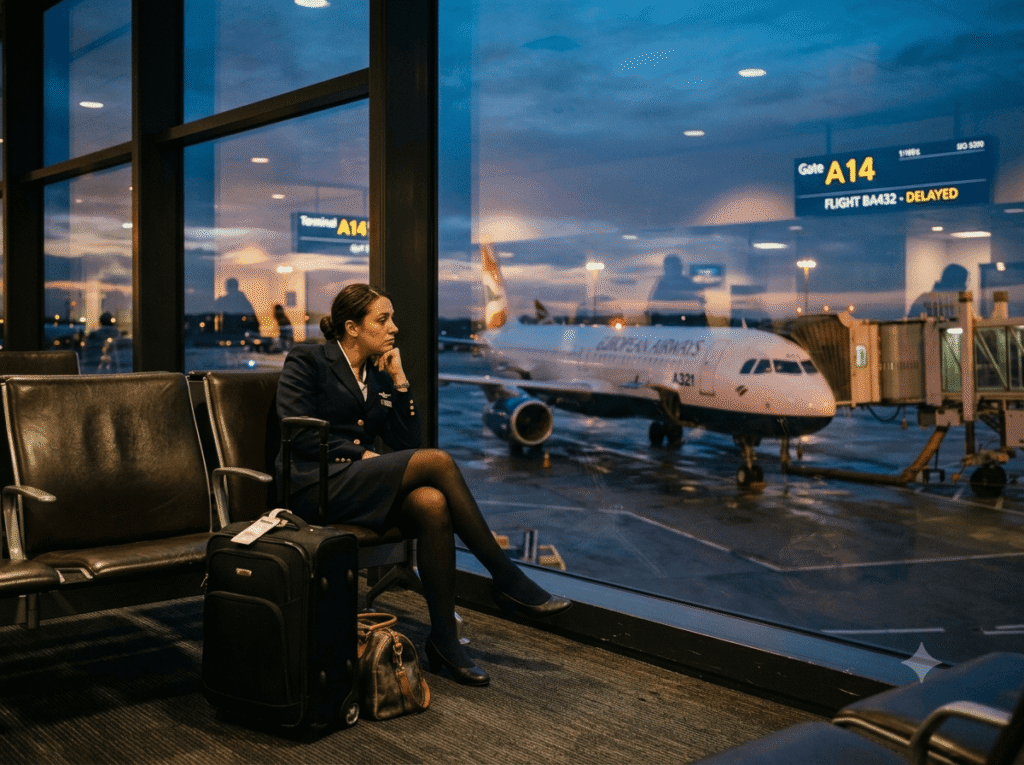 Exhausted flight attendant representing burnout that blurs rest vs avoidance